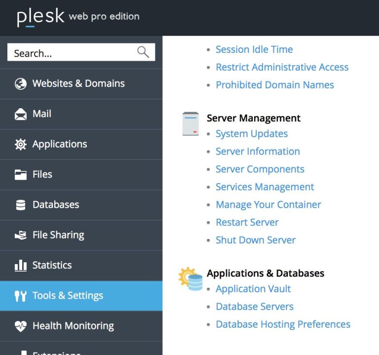 the Tools and Settings Panel in Plesk