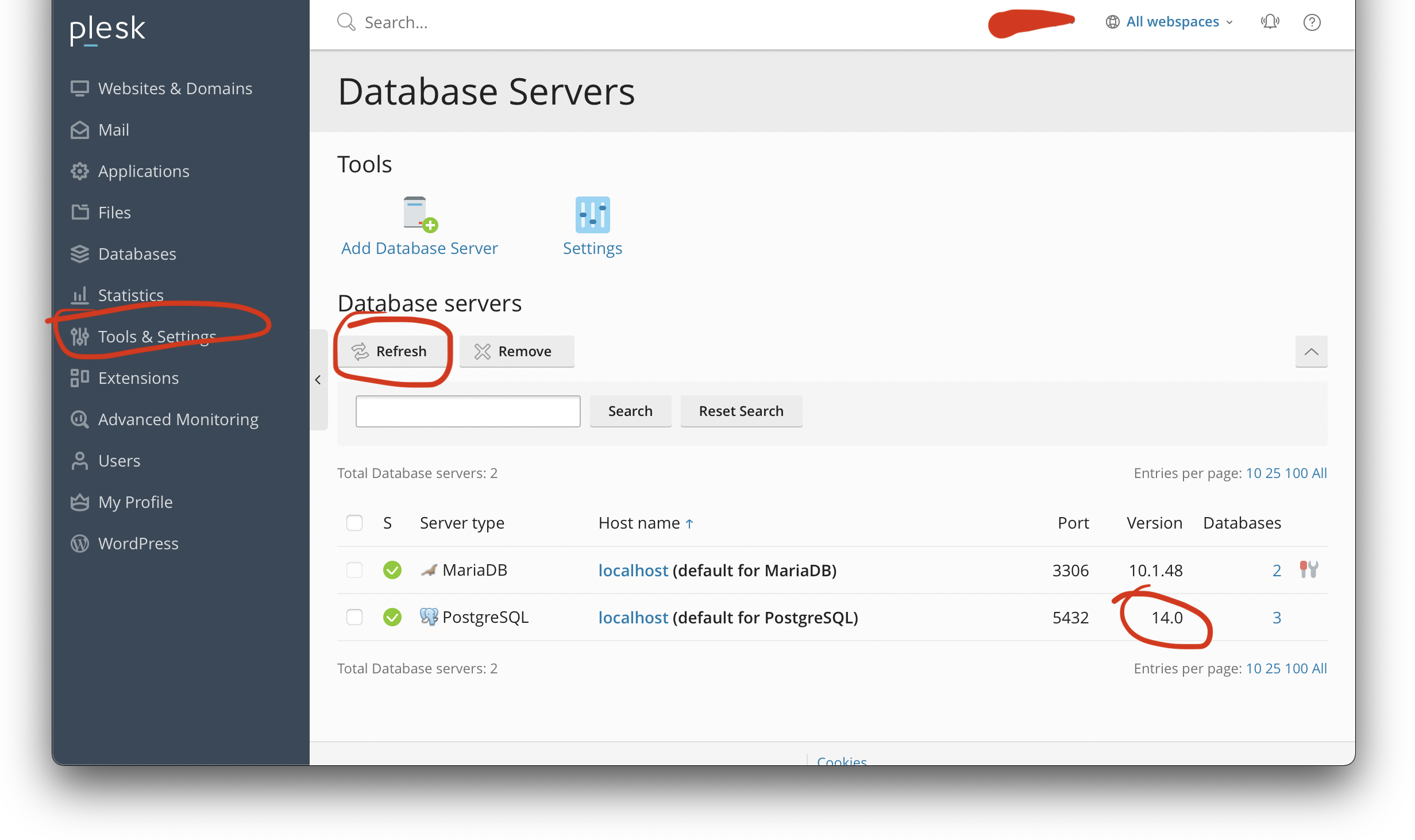 The Database Servers tab